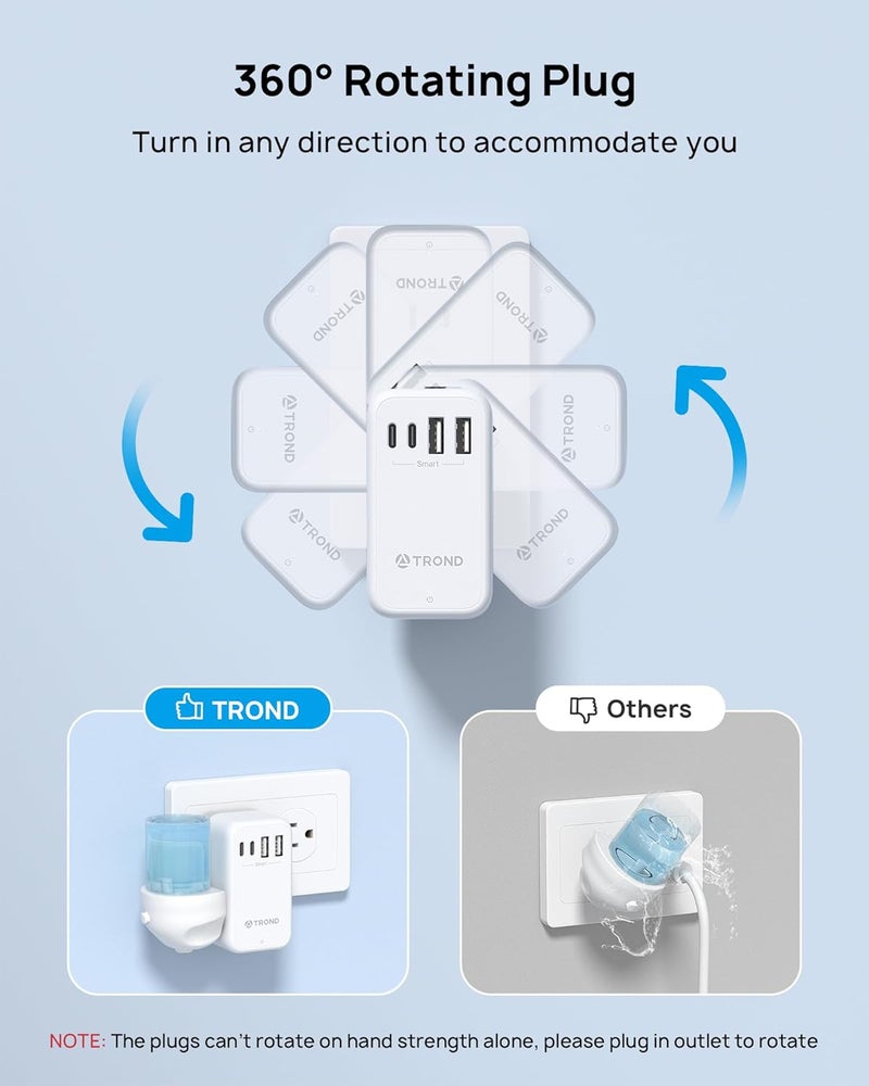 TROND 3 to 2 Prong Adapter with 360° Rotating Plug, 2 Prong Outlet Extender with 3 AC and 4 USB Ports, US to Japan Plug Adapter, Wall Outlet Splitter for Travel, Home, Cruise Essentials - Image 3